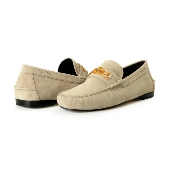 Versace Men's 100% Suede Leather Gold Medusa Driver Loafers Shoes US 12 IT 45